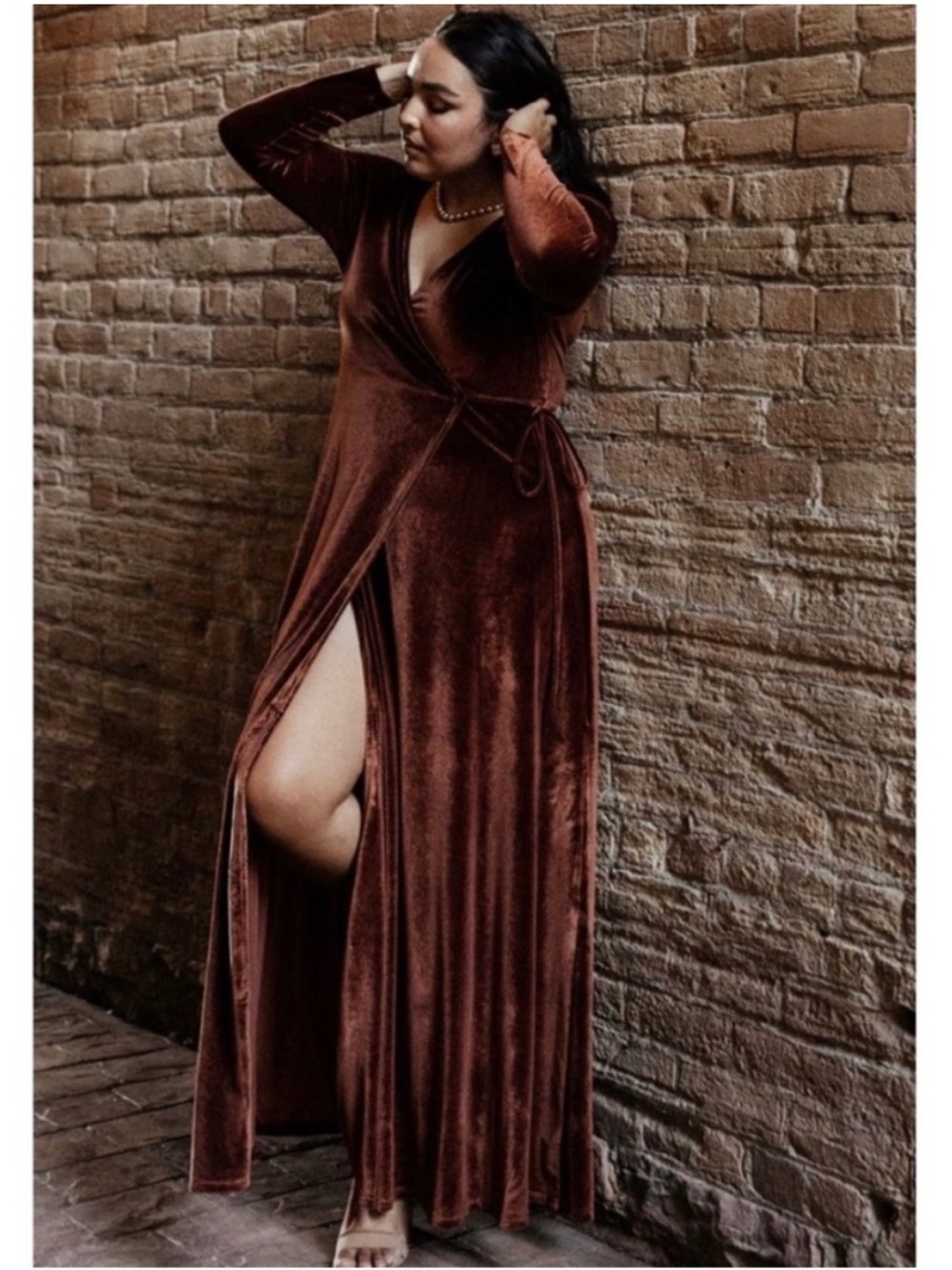 EUC Baltic Born Esmeralda Long Sleeve Velvet Wrap Maxi Dress - Bronze Spice